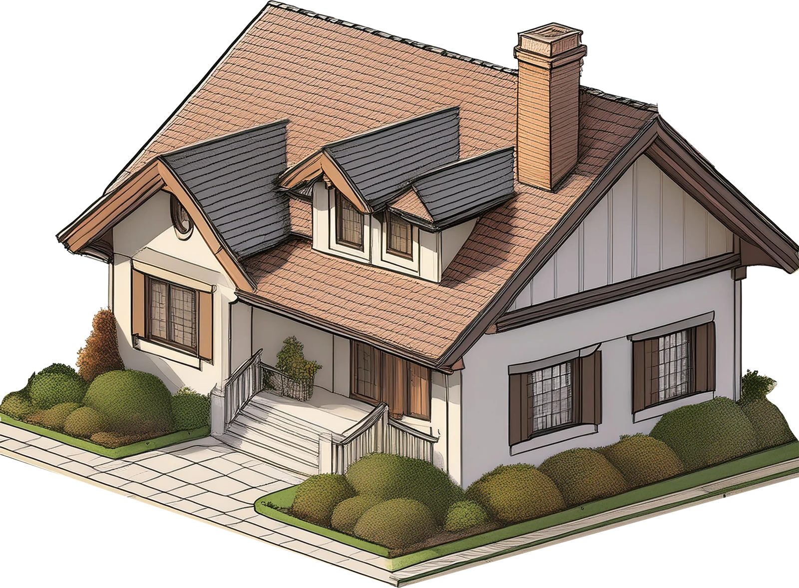 Drawing of a house showing the parts of a roof: ridge, chimney, dormers and valleys, shingles and eaves